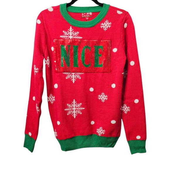 To Be Jolly New Naughty Nice Reversible Sequin Ugly Knit Red Christmas Sweater - Picture 2 of 11